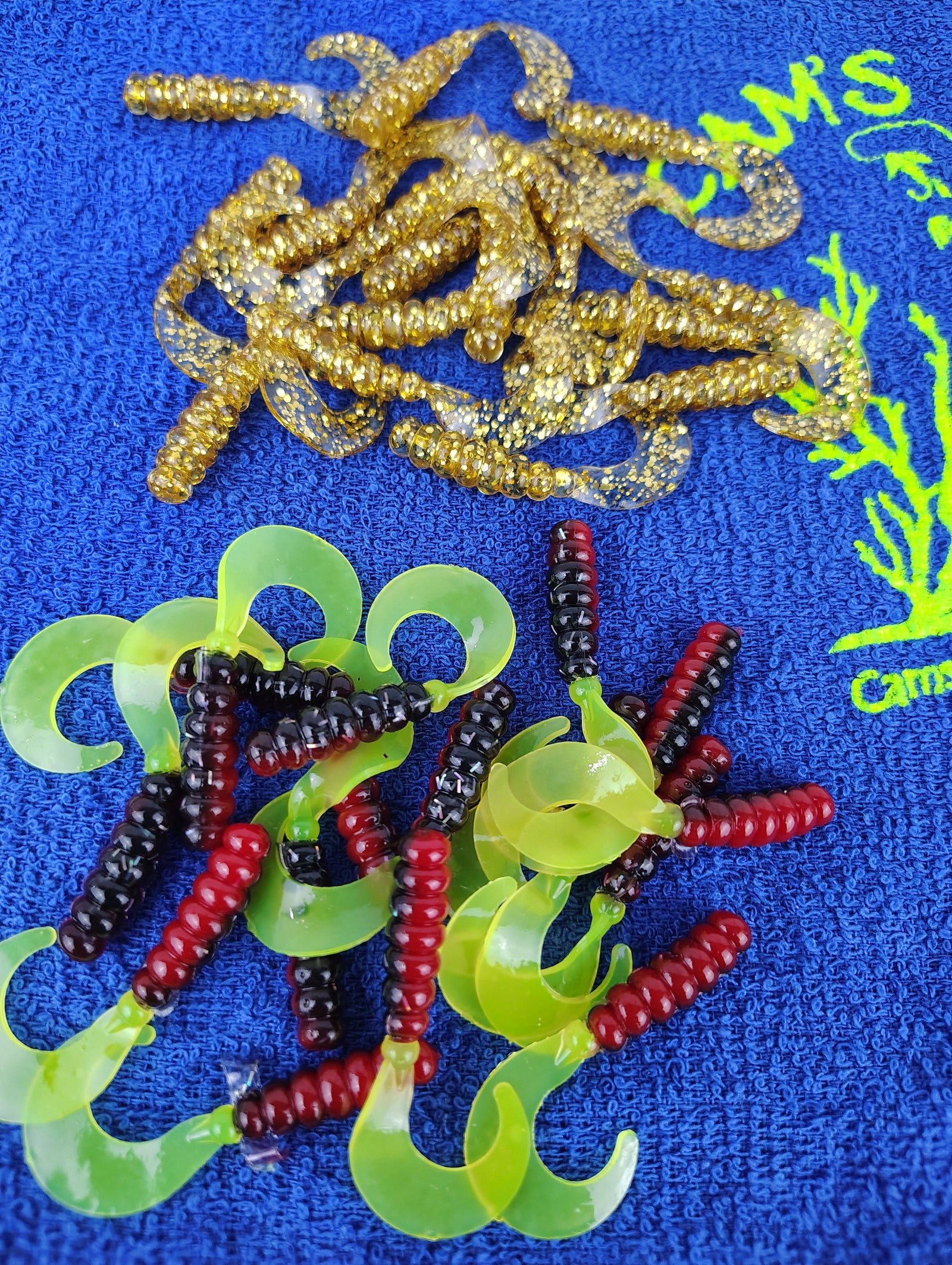 Mr October Gold and Red Black Chartreuse curly tail crappie jig split set