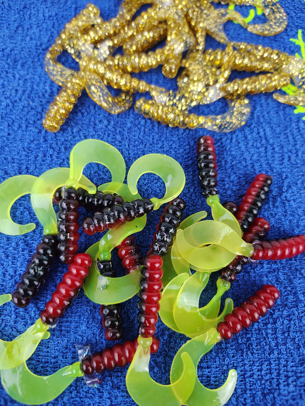 Mr October Gold and Red Black Chartreuse curly tail crappie jig split set