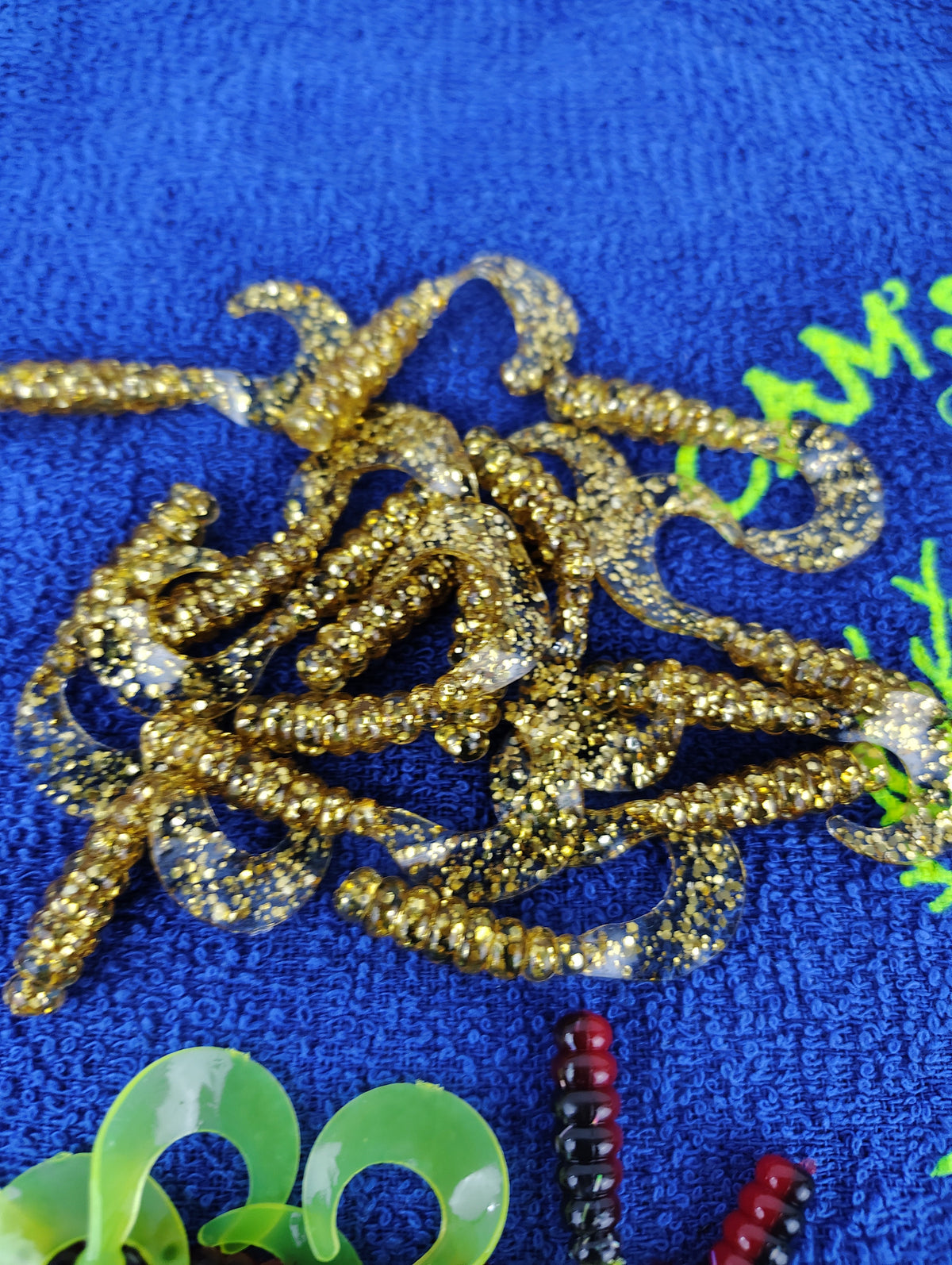Mr October Gold and Red Black Chartreuse curly tail crappie jig split set