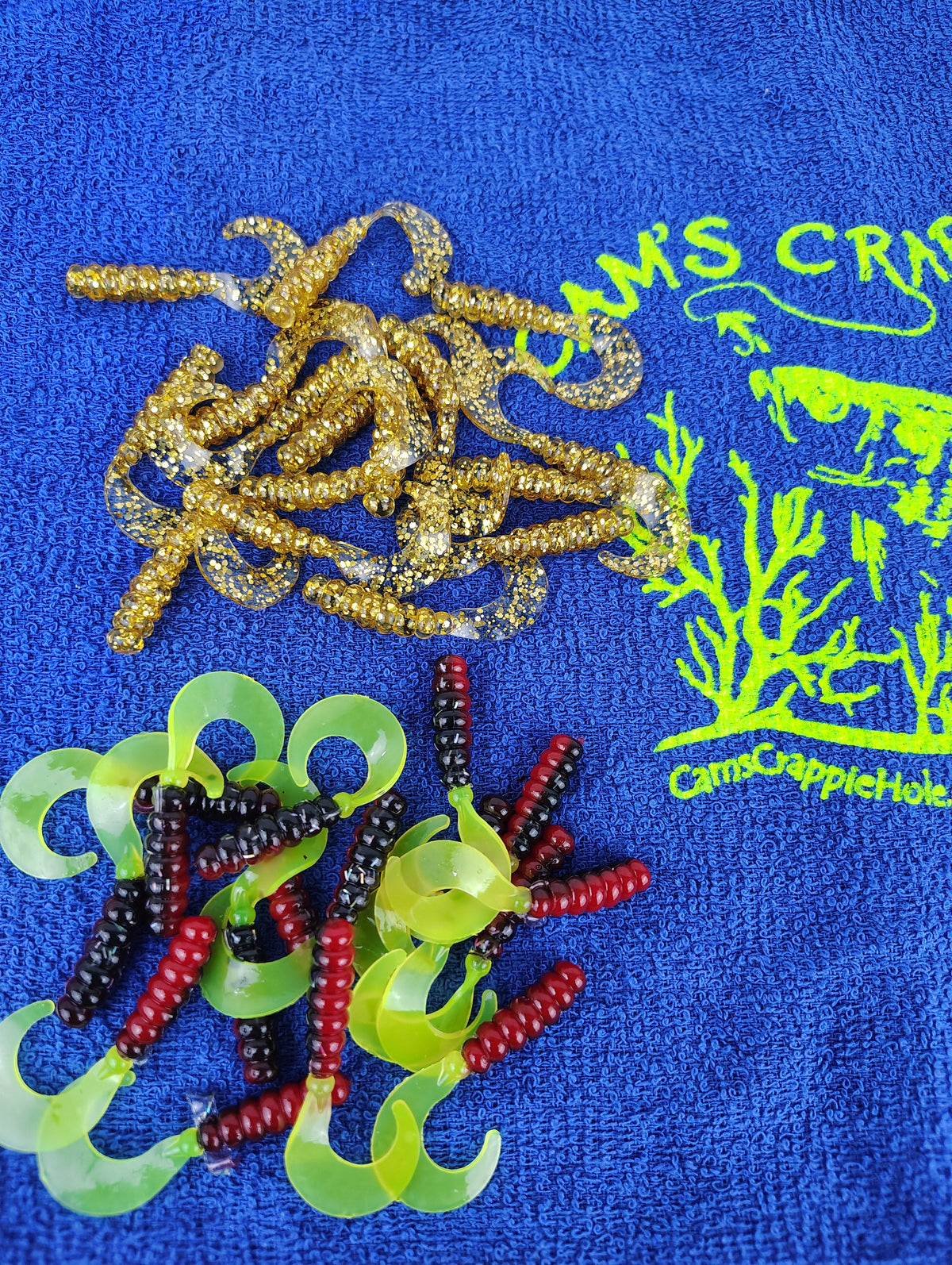 Mr October Gold and Red Black Chartreuse curly tail crappie jig split set