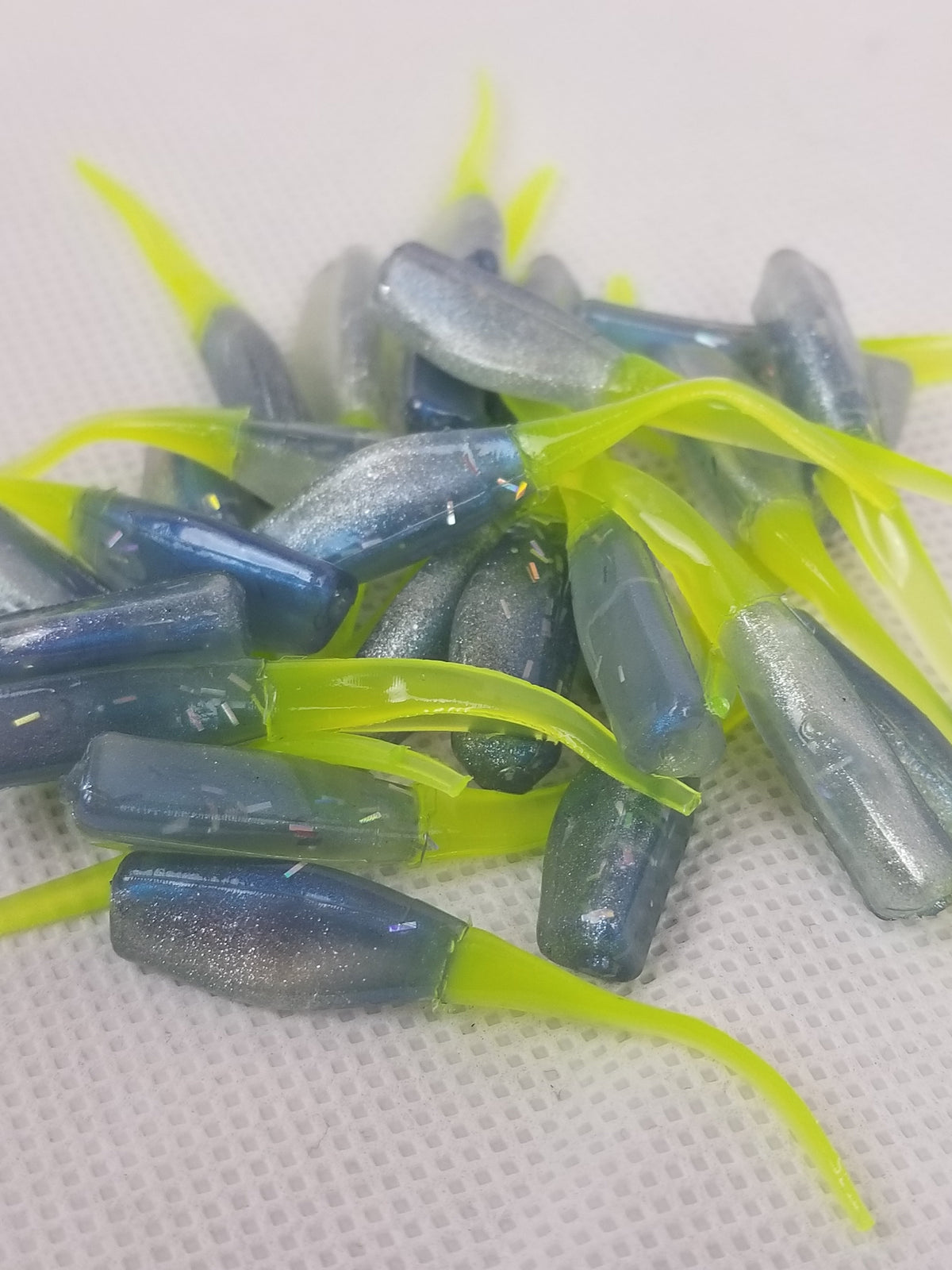 Cam's 2" Hologram Flake Stinger Shad – Blue Ice Chartreuse 35pc