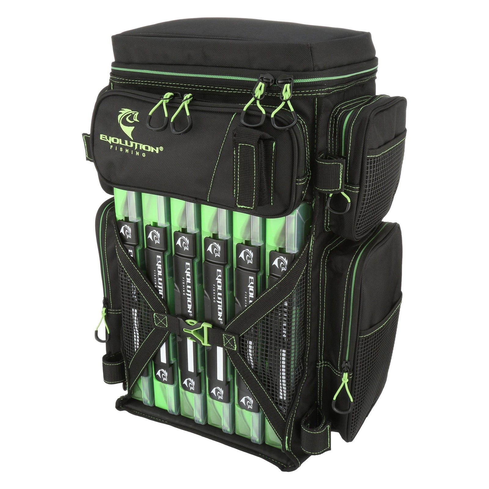 Fishing tackle backpack with rod holders and QuikLatch trays