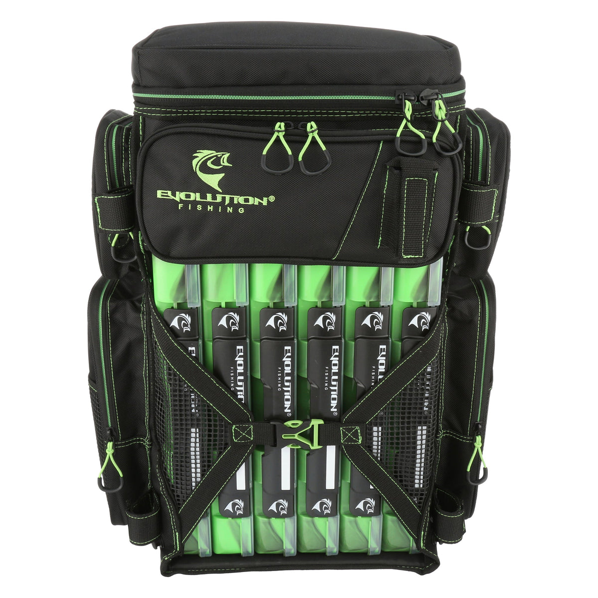 Fishing tackle backpack with rod holders and QuikLatch trays