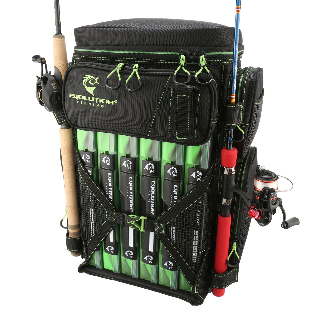 Fishing tackle backpack with rod holders and QuikLatch trays