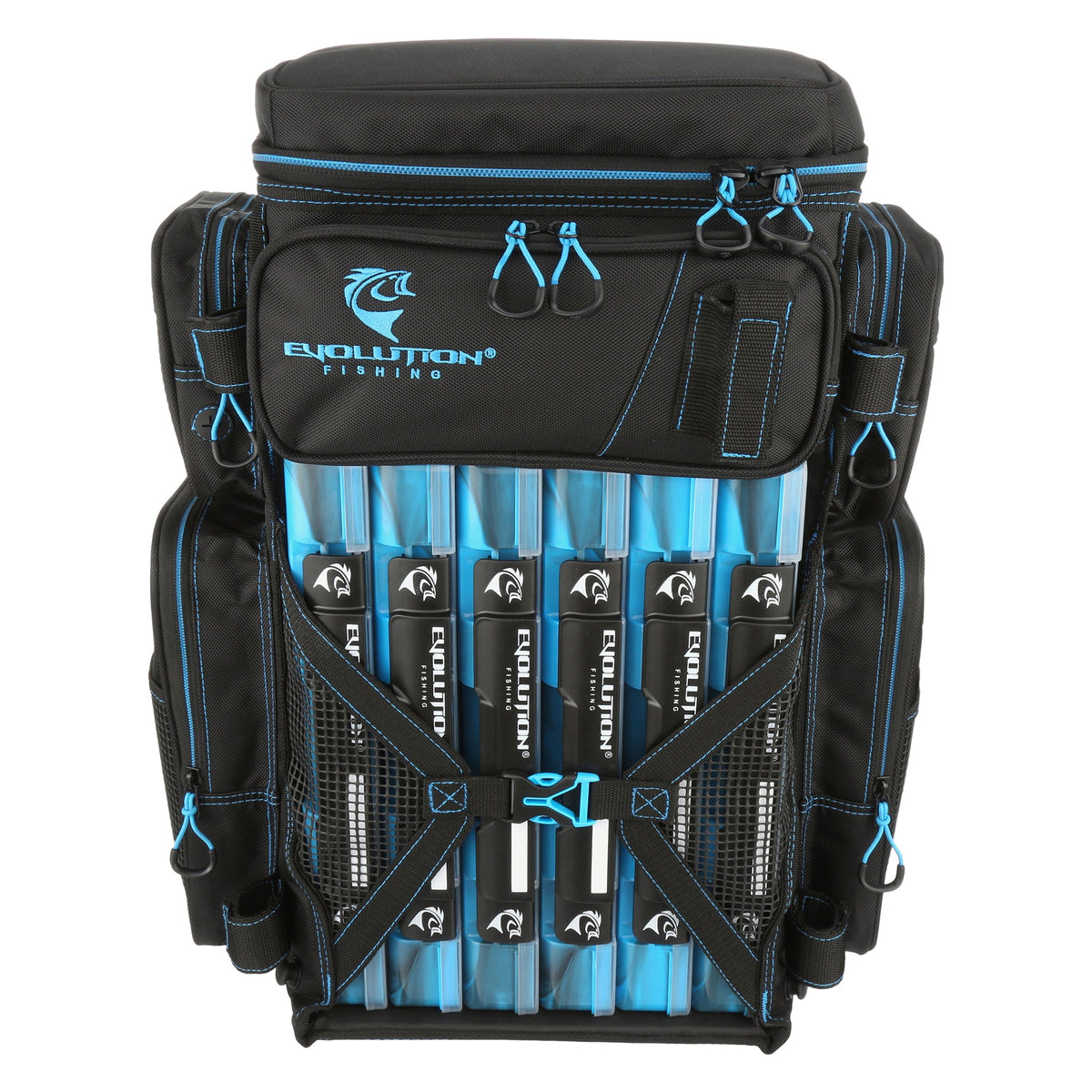 Fishing tackle backpack with rod holders and QuikLatch trays