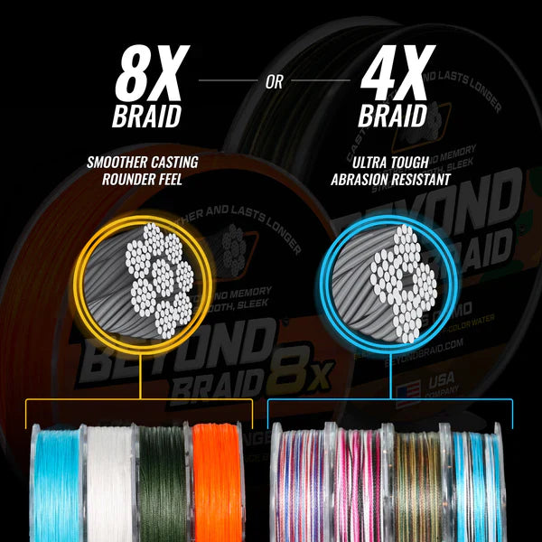 Collection of Beyond Braid fishing line spools in various colors