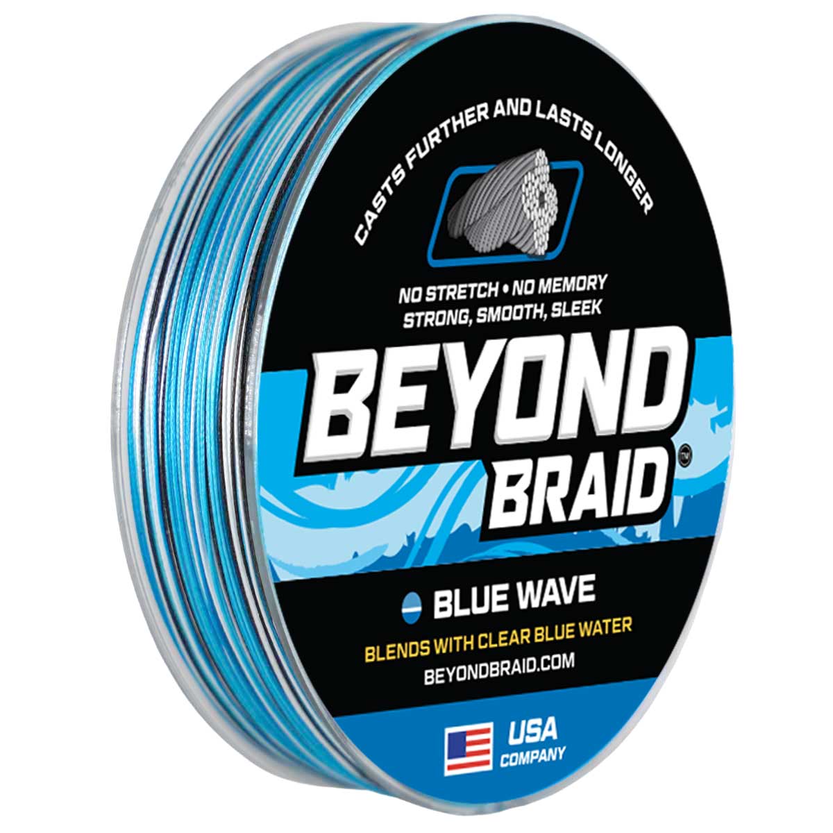 Beyond Braid Blue Wave braided fishing line spool in blue, white, and black camouflage pattern