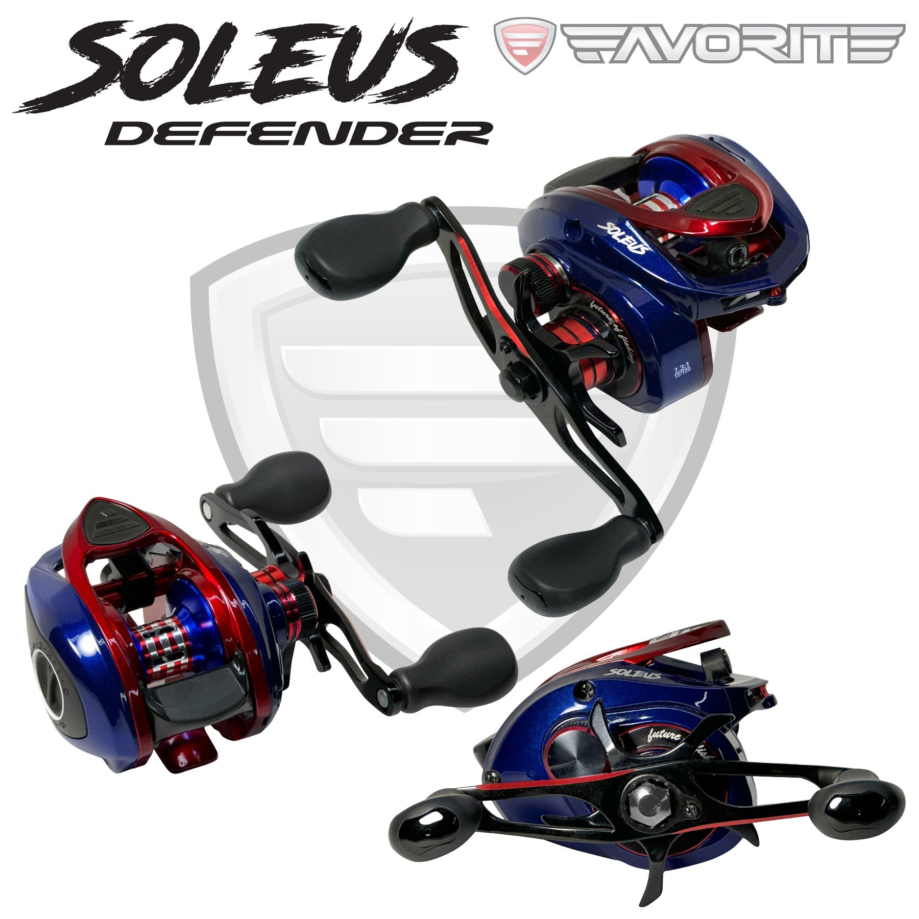 Favorite Defender Soleus Casting Reel patriotic red and blue finish