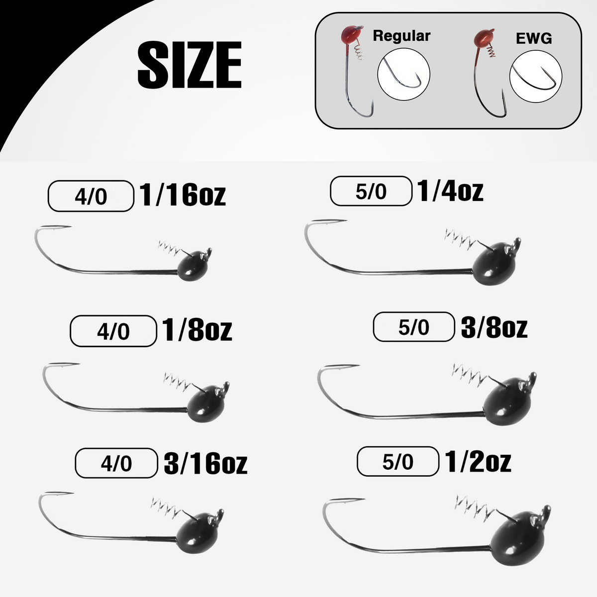 Size chart for shaky head jig heads with measurements in ounces.