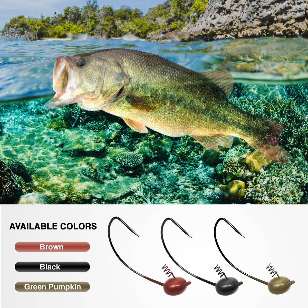 Largemouth bass underwater with fishing hooks and color options displayed.