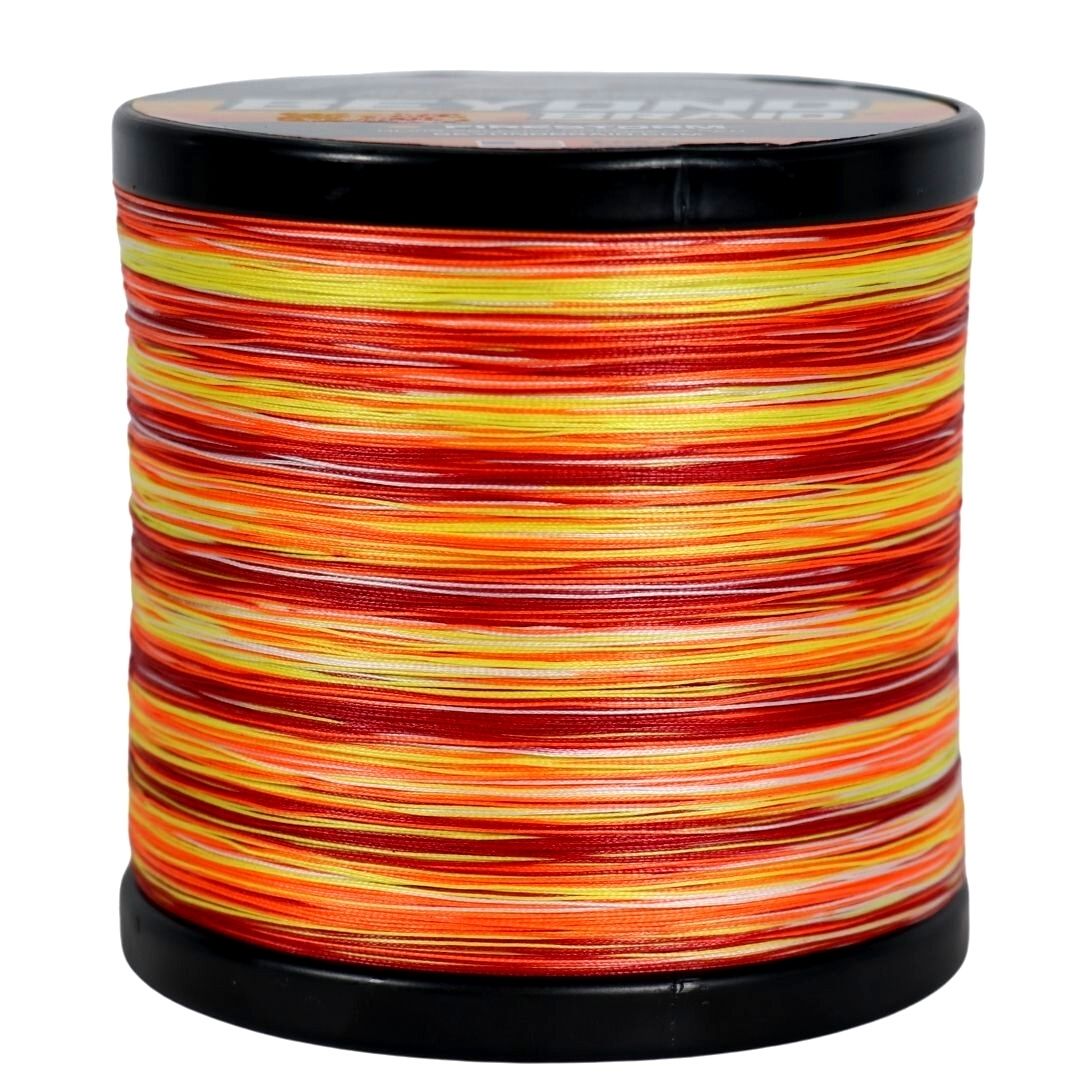 high visibility braided fishing line with red, orange and yellow pattern
