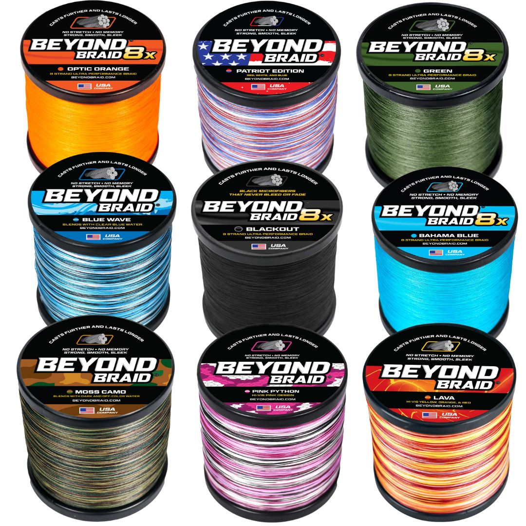 Collection of Beyond Braid fishing line spools in various colors