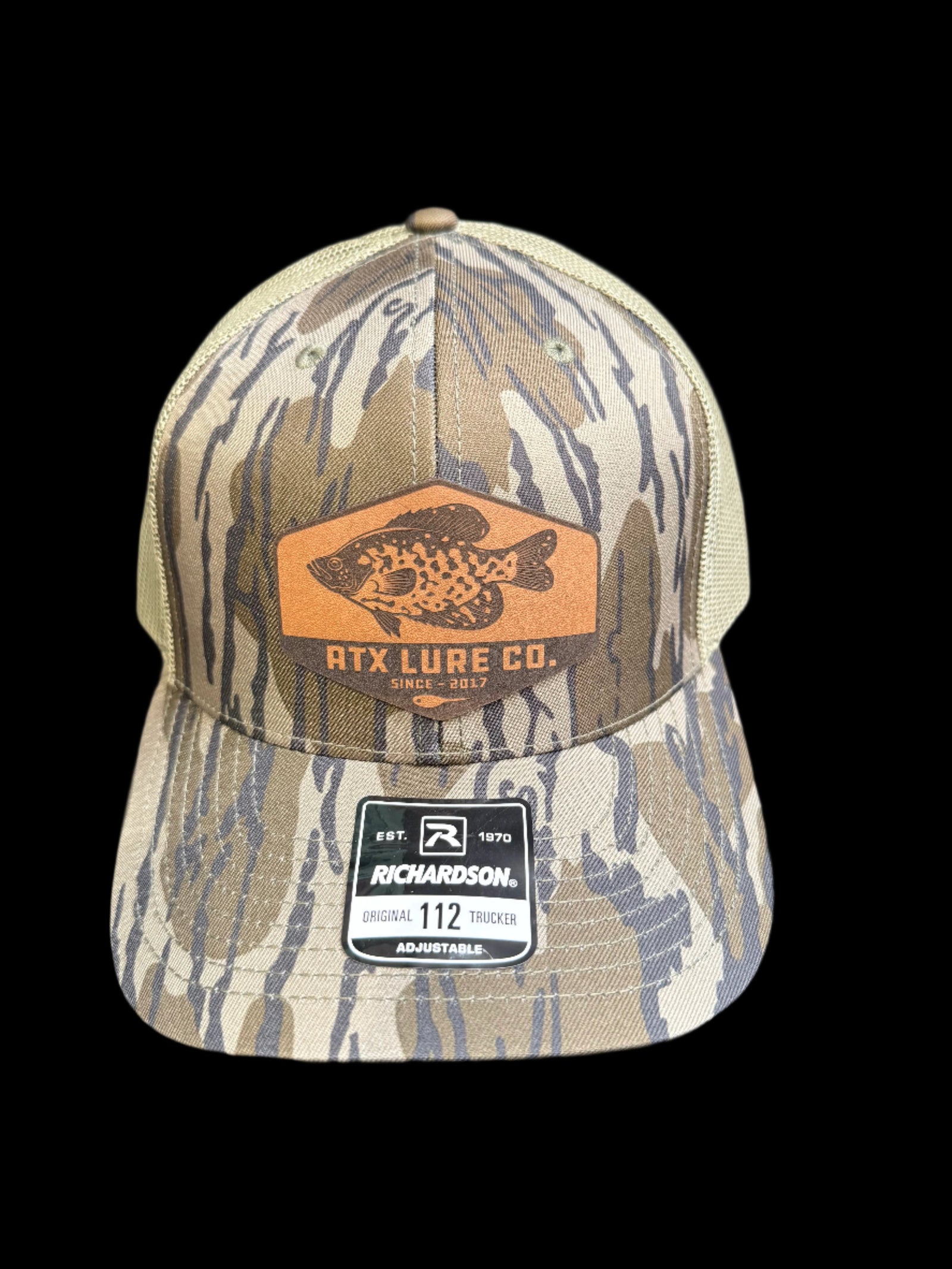 Fishing Hats ATX Lures Leather Crappie Patch Trucker Hat Bottomland ATX Leather Crappie Patch Trucker Hat | Richardson 112  