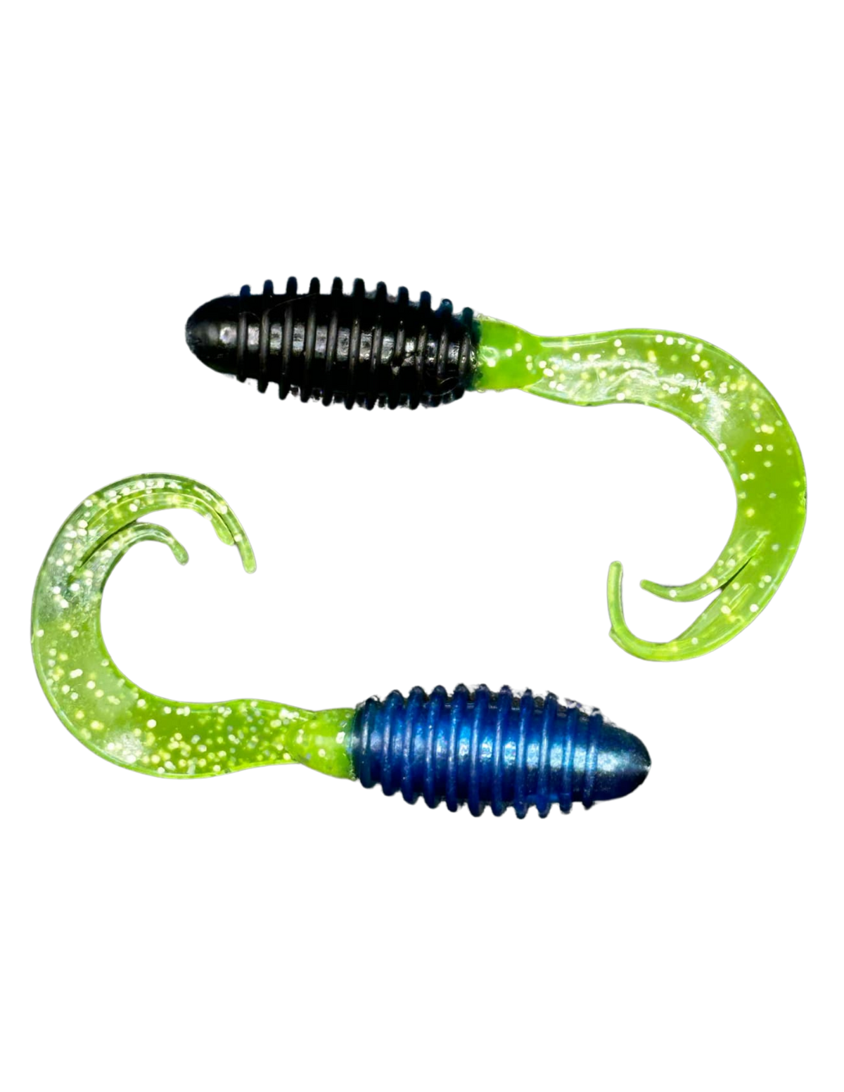 Soft Plastics ATX Lures Soft Series 2" Ribbed Triple Curl Tail Blue/Black/Chartreuse Silver Flake Tail ATX Lures Soft Series 2" Ribbed Triple Curl Tail Crappie Bait
