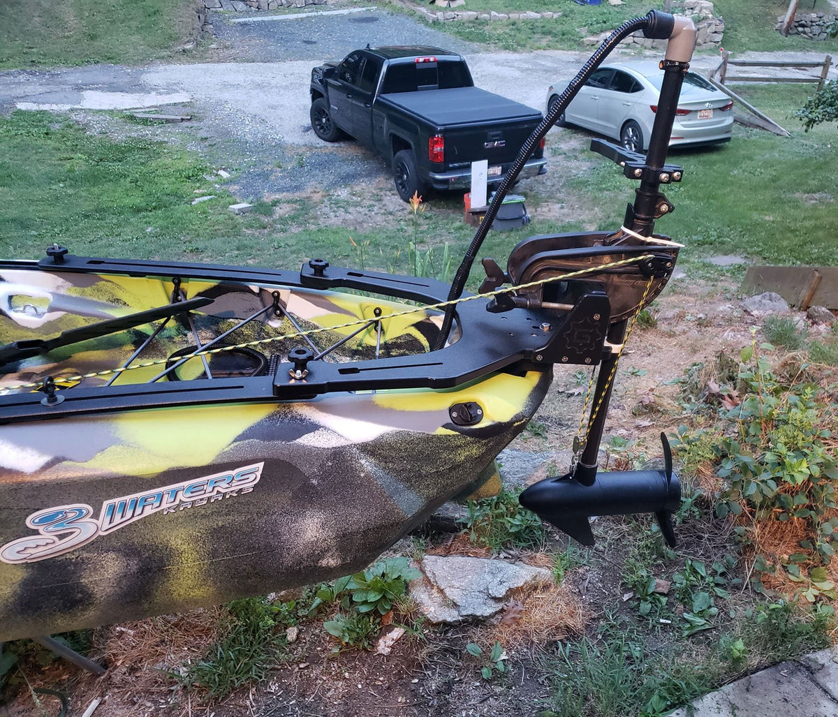 YakGadget rear motor mount installed at the stern of a Big Fish kayak