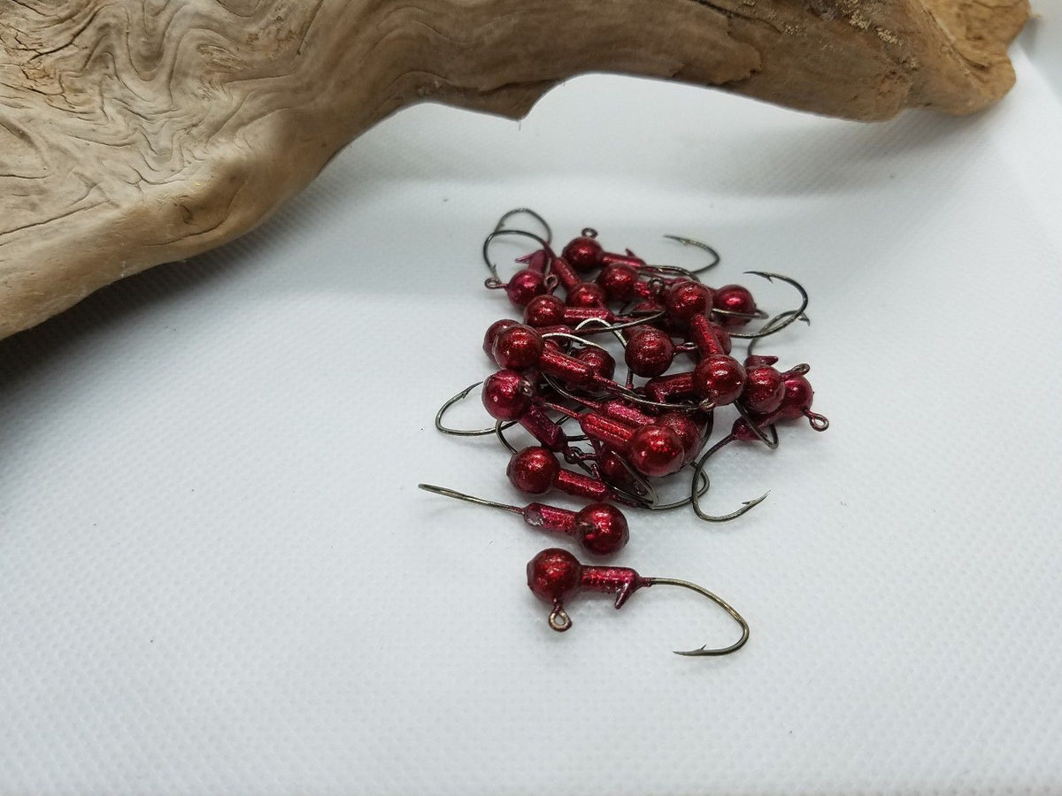 Crappie Jig Heads Cam's 1/16 oz Ruby Red Jig Heads #2 Black Nickel Hook – 35 Pack Crappie Jig Heads 1/16 oz Ruby Red – Strike Hard, Hold Tight