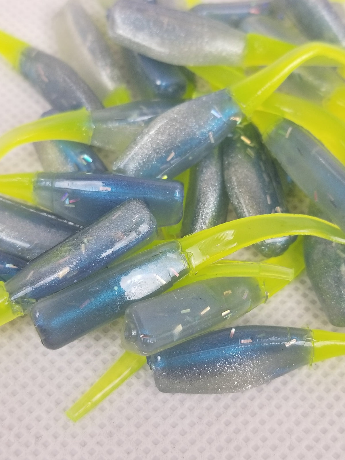 Crappie Baits Cam's 2" Hologram Flake Stinger Shad – Blue Ice Chartreuse 35pc Exclusive Hologram Flake Crappie Bait – 2" Blue Ice Chartreuse