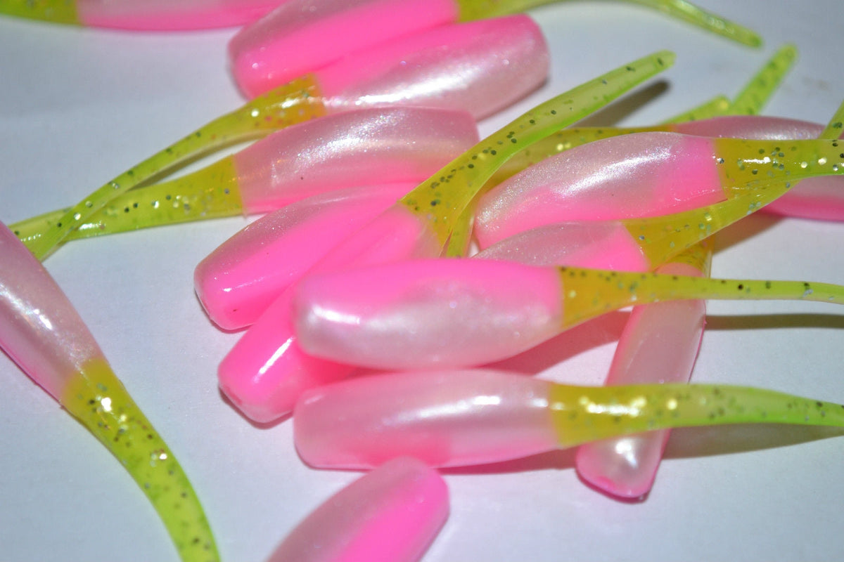Crappie Baits Cam's 2" Stinger Shad – Pink/White Chartreuse Tail 35pc Best Crappie Bait – Cam's 2" Stinger Shad Pink White Chartreuse