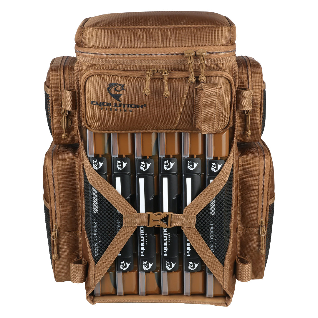 Drift Battle Pack fishing backpack with six QuikLatch tackle trays