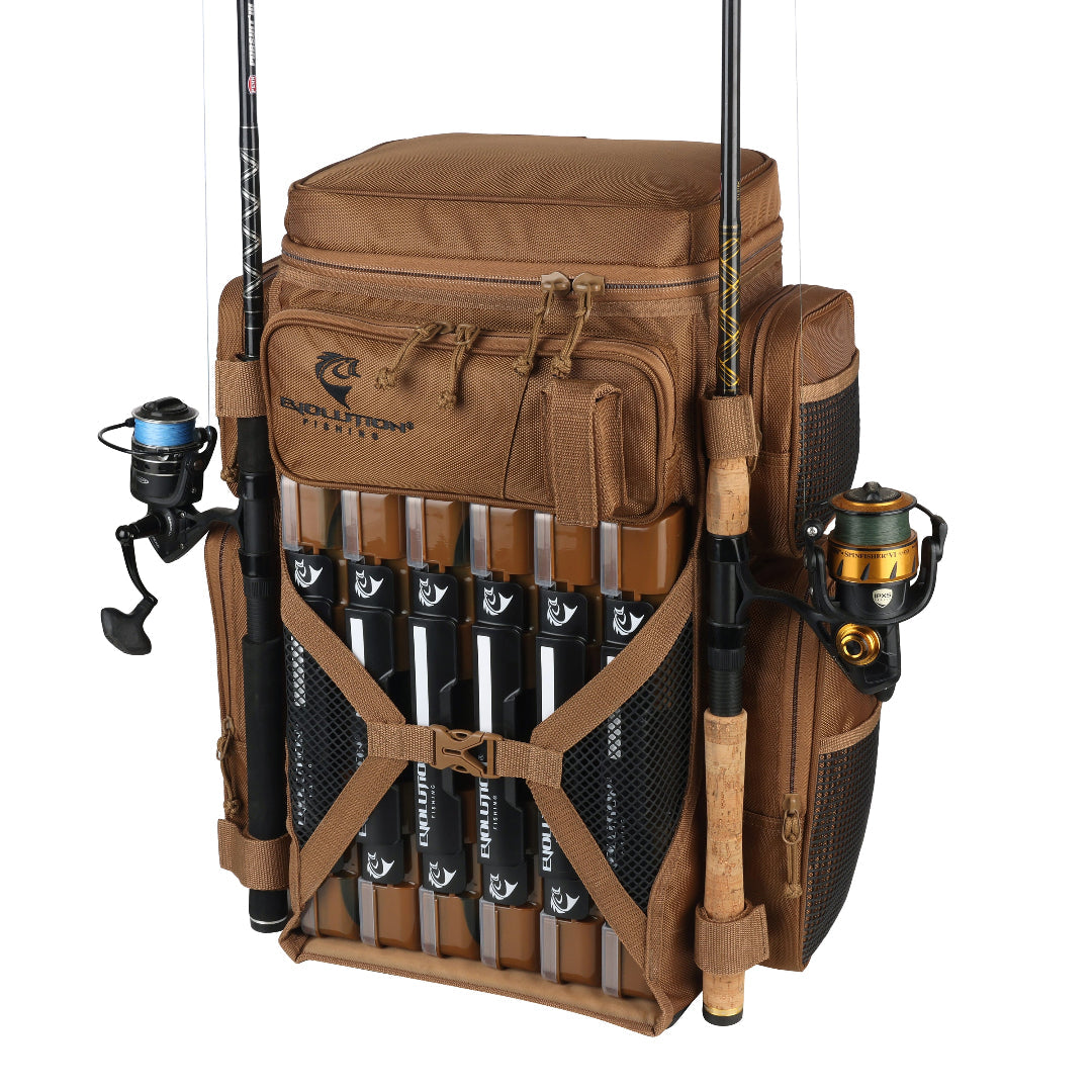Drift Battle Pack fishing backpack with six QuikLatch tackle trays