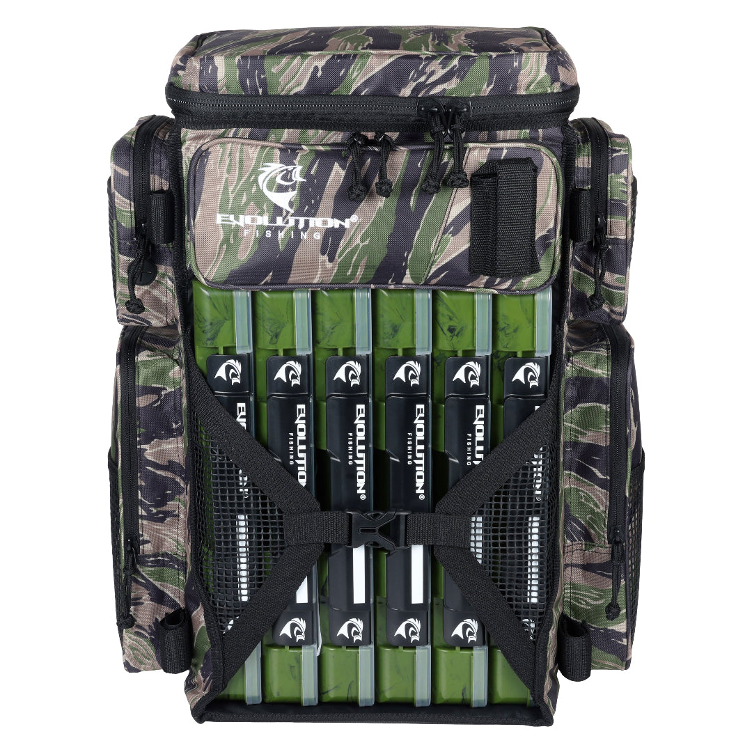 Drift Battle Pack fishing backpack with six QuikLatch tackle trays