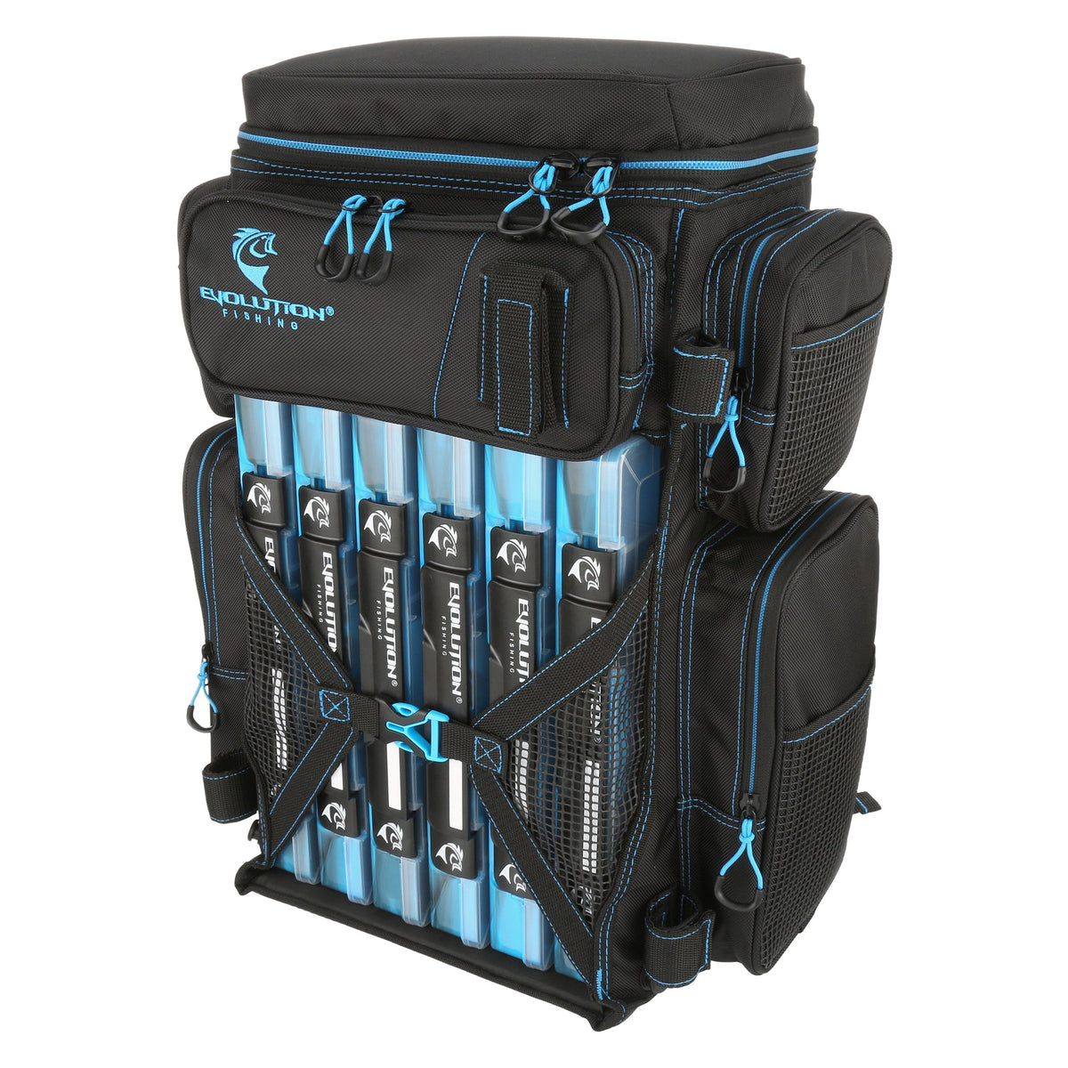 Tackle Backpack Evolution Fishing Drift Series 3700 Tackle Backpack Blue Water-Resistant 3700 Fishing Tackle Backpack with QuikLatch Trays
