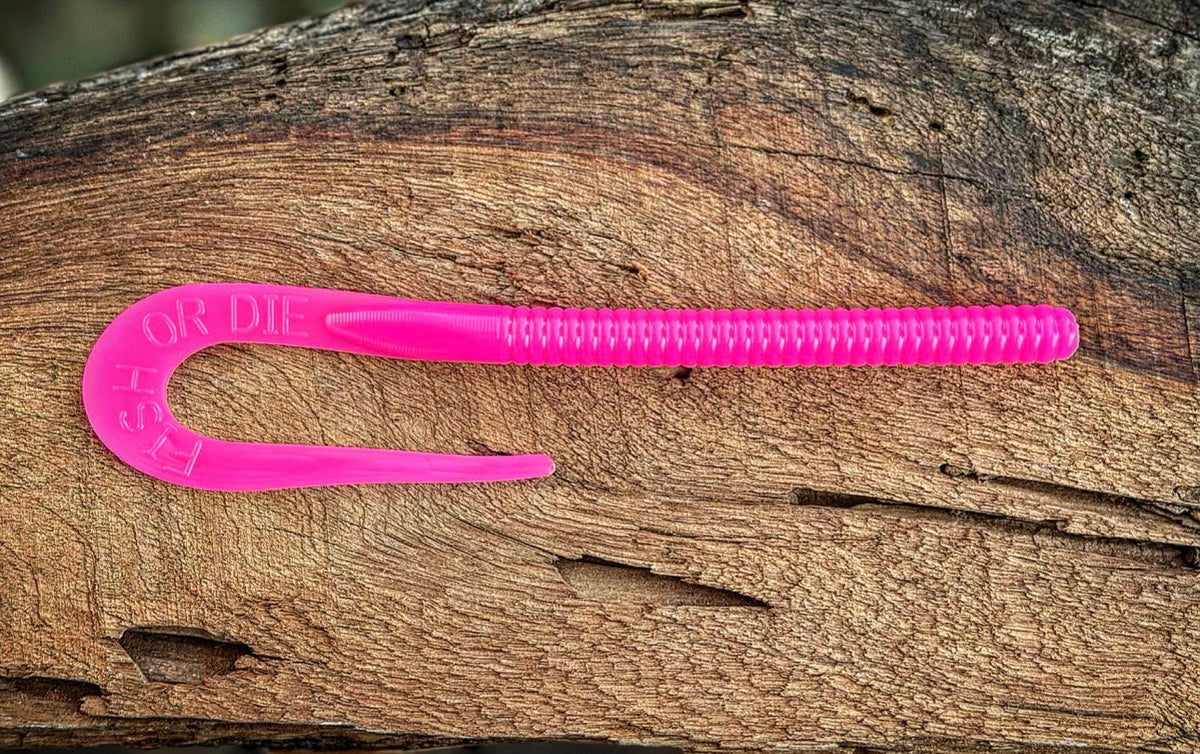 Soft Plastics Fish or Die Bait Co. Blitzkrieg 10" Ribbon-Tail Worm Molly Pitcher (Hot Pink) Fish or Die Blitzkrieg 10" Ribbon-Tail Worm – Pescador Fishing Supply