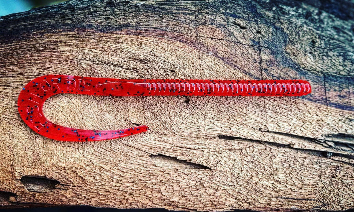 Soft Plastics Fish or Die Bait Co. Blitzkrieg 10" Ribbon-Tail Worm Redcoat (Red w/ Blue Flake) Fish or Die Blitzkrieg 10" Ribbon-Tail Worm – Pescador Fishing Supply