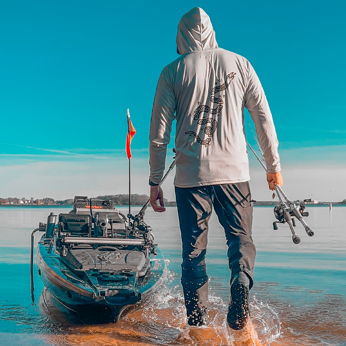 Fishing Shirt Kayak, or Die™ Long Sleeve UPF 50 Performance Hoodie UPF 50 Kayak Fishing Long Sleeve Moisture Wicking Hoodie