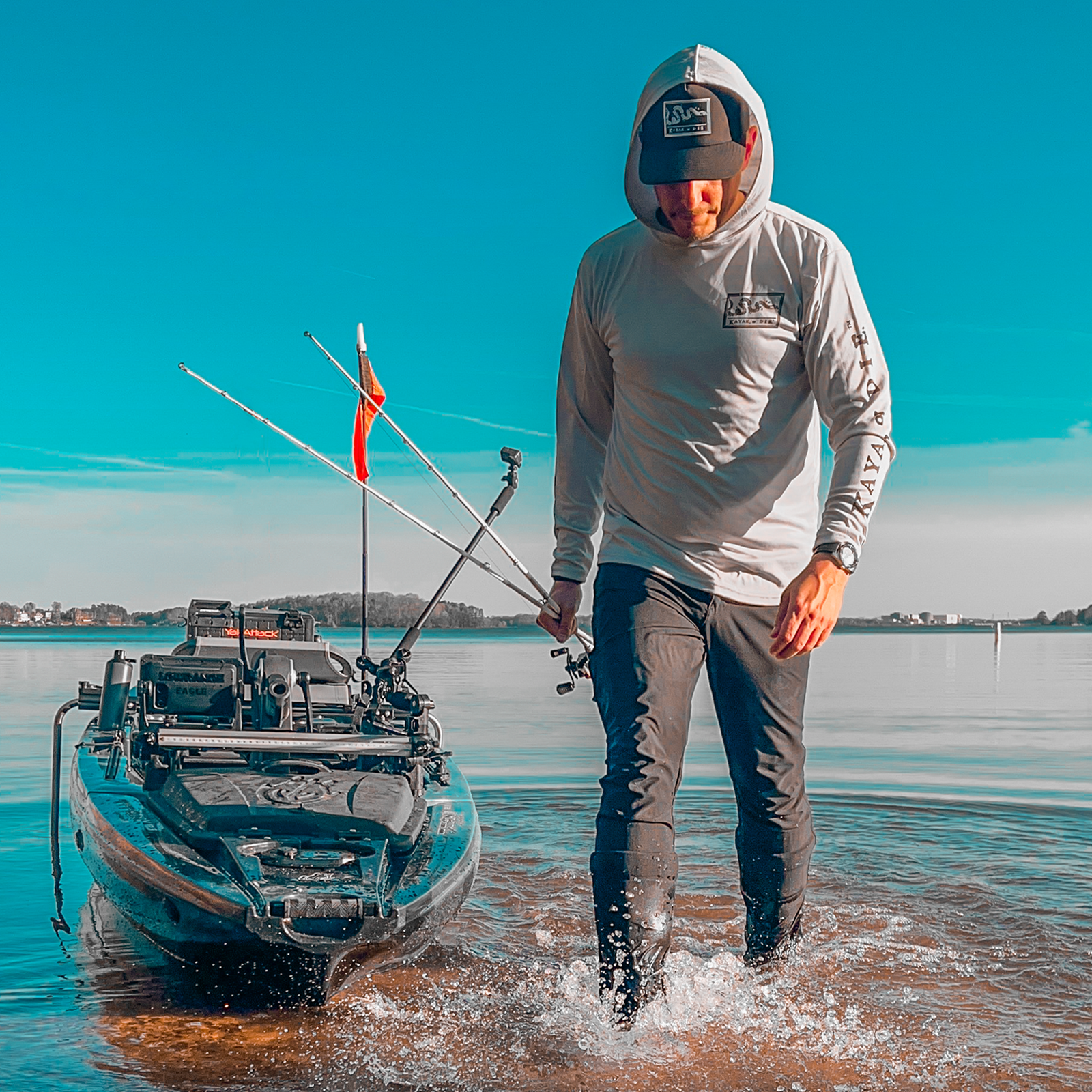 Fishing Shirt Kayak, or Die™ Long Sleeve UPF 50 Performance Hoodie UPF 50 Kayak Fishing Long Sleeve Moisture Wicking Hoodie