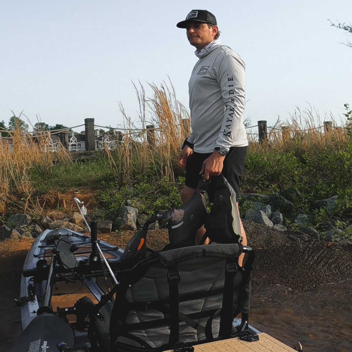 Fishing Shirt Kayak, or Die™ Long Sleeve UPF 50 Performance Hoodie UPF 50 Kayak Fishing Long Sleeve Moisture Wicking Hoodie