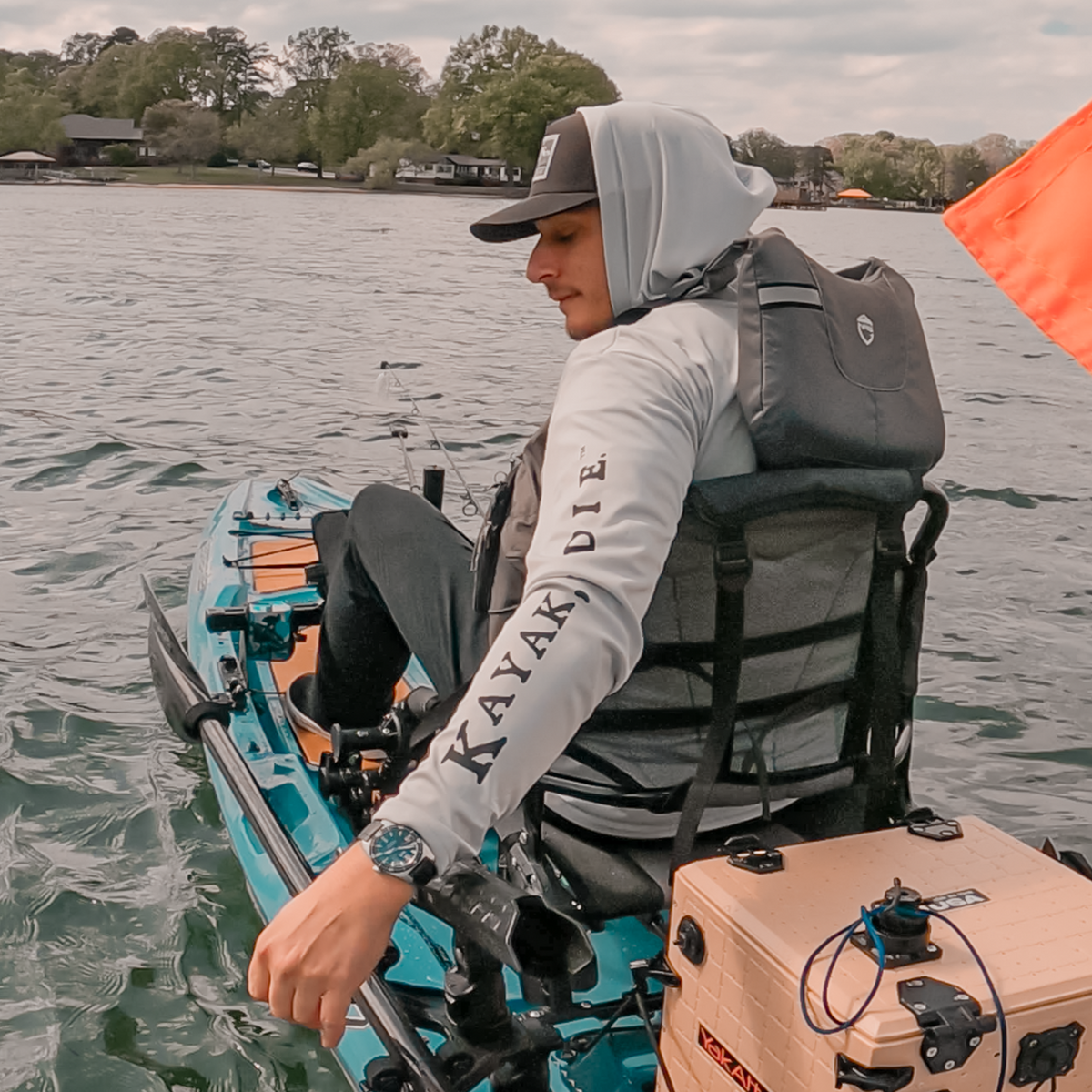 Fishing Shirt Kayak, or Die™ Long Sleeve UPF 50 Performance Hoodie UPF 50 Kayak Fishing Long Sleeve Moisture Wicking Hoodie