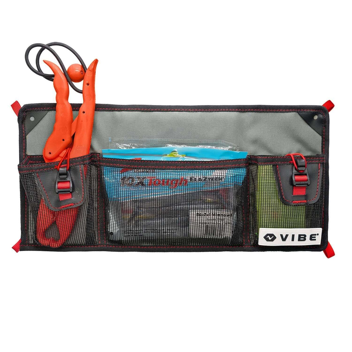 Tackle storage in mesh gear organizer pockets