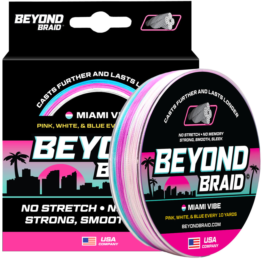 hi-vis braided fishing line in pink white and blue color pattern