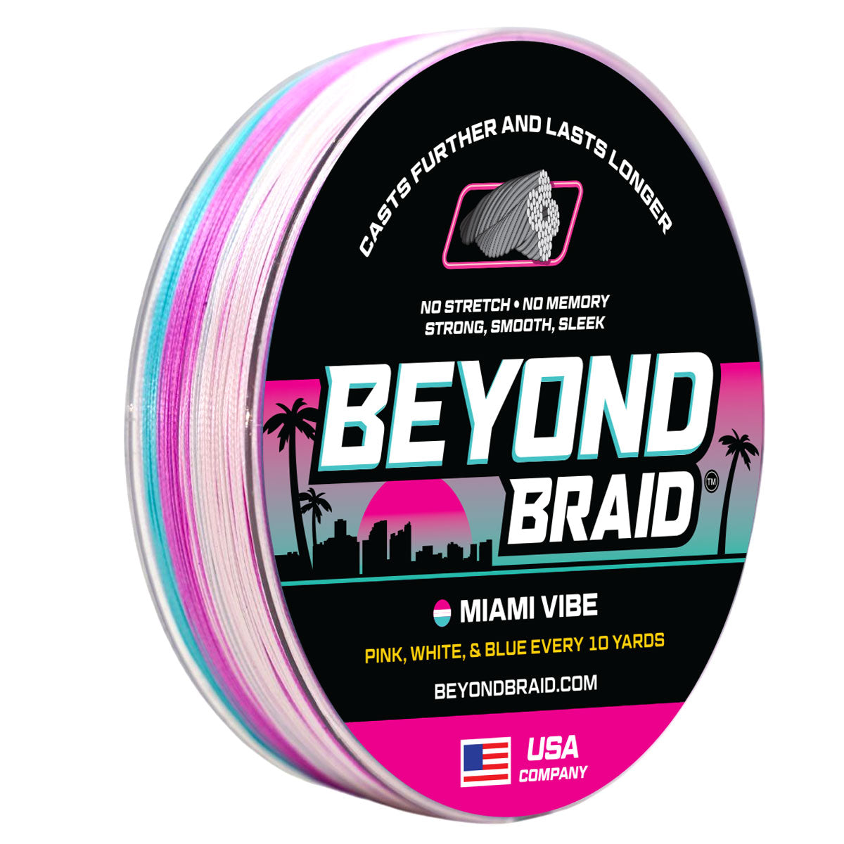 hi-vis braided fishing line in pink white and blue color pattern