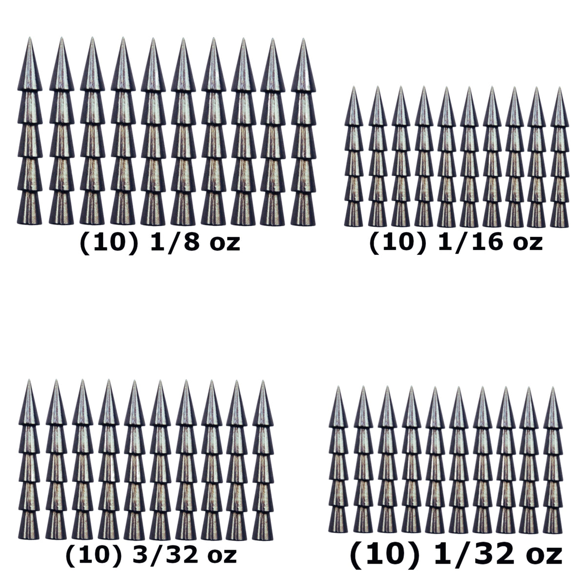 Tungsten Weights Reaction Tackle 97% Tungsten Nail Weights – Packs & Kits 40 piece kit (10ea 1/8, 1/32, 1/16, 3/32) Reaction Tackle Tungsten Nail Weights – Pescador Fishing Supply