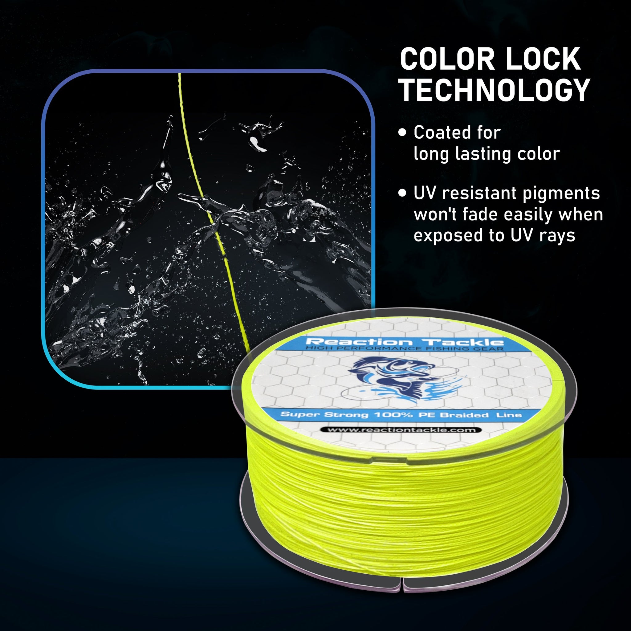 low vis braided fishing line Reaction Tackle Line- NO FADE Low-Vis Green pending construction of 8 fibres (7 HMPE Dyneema plus 1 Patent Pending GORE Performance Fibre) and 32 weaves (pics) per inch Phenix Rods X8 PE MOSSGRN