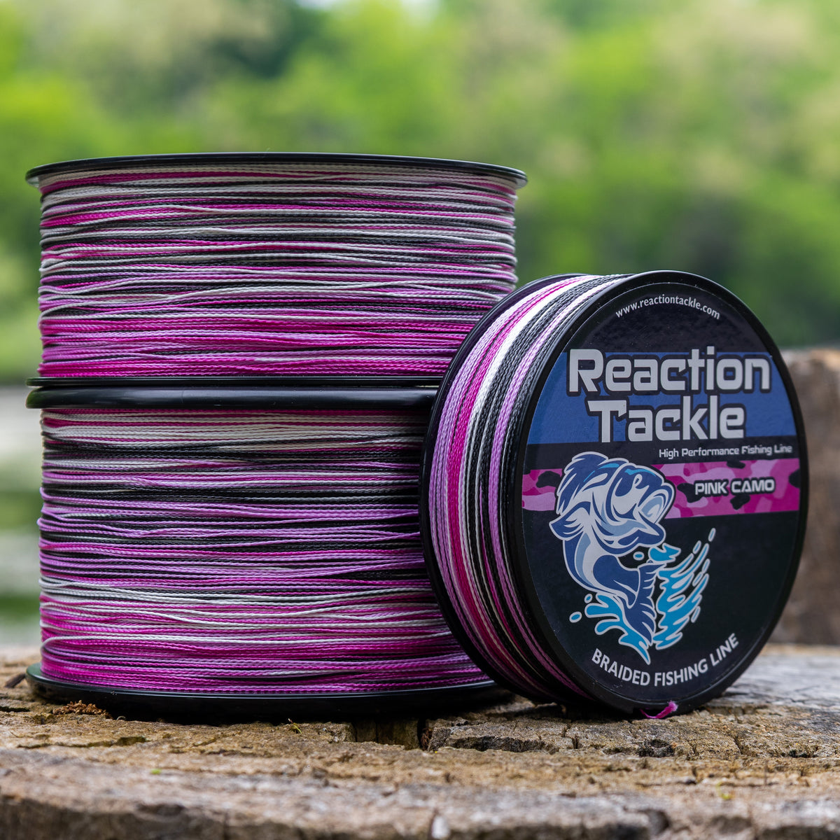 Braided Fishing Line Reaction Tackle Braided Fishing Line – Pink Camo Pink Camo Braided Fishing Line – Pescador Fishing Supply
