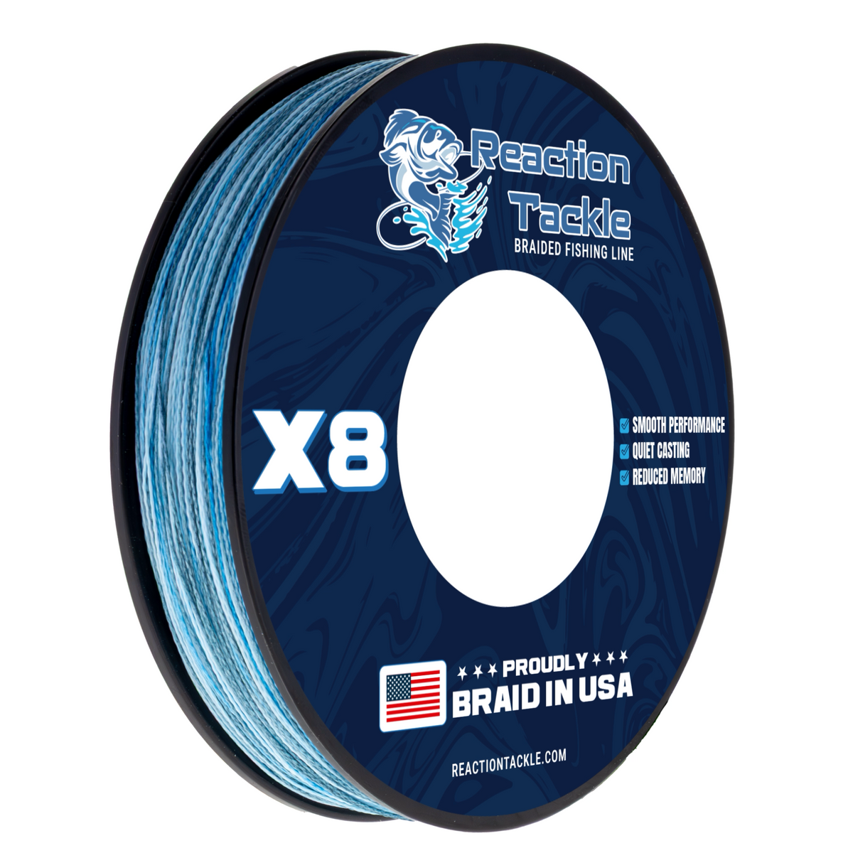 Braided Fishing Line Reaction Tackle USA-Braided X8 Fishing Line X8 BLUE CAMO / 10LB / 150 yards USA-Braided X8 Line - Blue Camo & Green – Pescador Fishing Supply