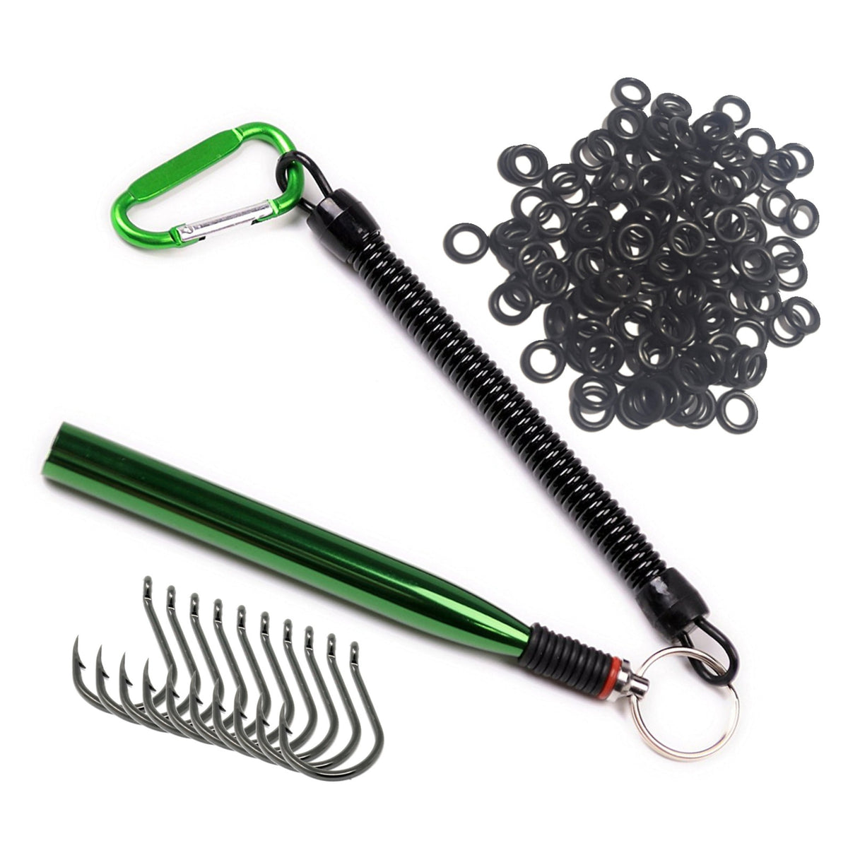 Wacky Worms Reaction Tackle Wacky Rig Kit, Tools, O-Rings & Accessories Green tool +125 O-rings +10 hooks Wacky Rig O-Ring Tool Kit – Reaction Tackle – Pescador Fishing Supply