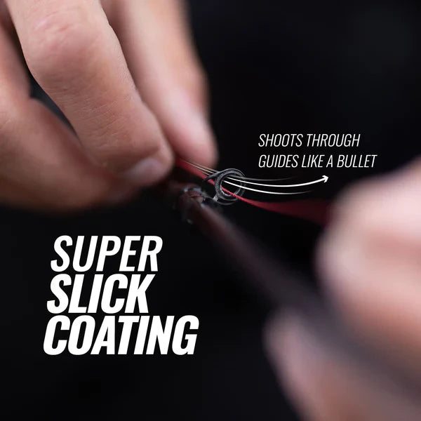 Close-up of hands using fishing equipment with text about super slick coating.