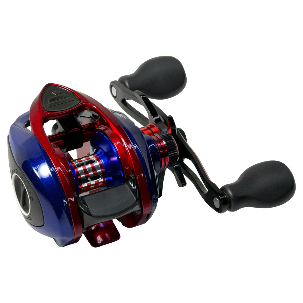 Favorite Defender Soleus Casting Reel patriotic red and blue finish
