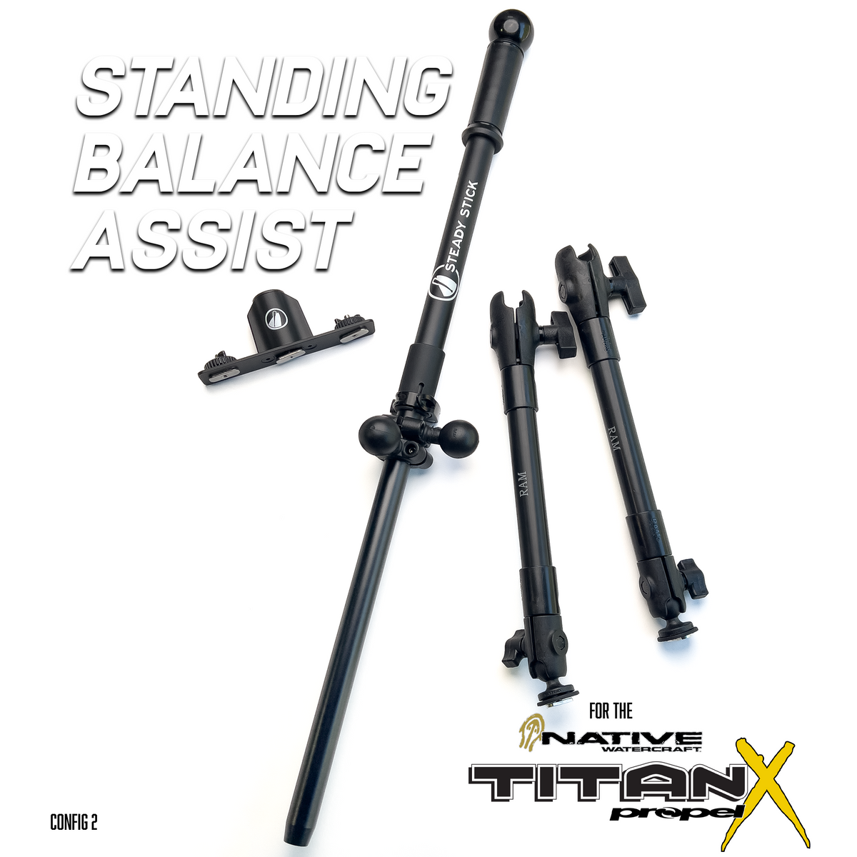 Stand-Assist Systems STEADY STICK® Balance Assist for Native Titan X Kayaks Configuration 2 (w/out Boonedox Slotted Console) Steady Stick Balance Pole for Native Titan X Kayak