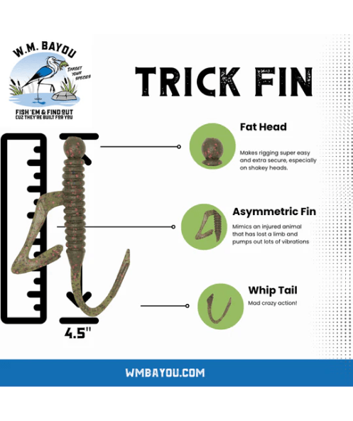 WM Bayou Trick Fin 4.5″ Creature Worm – Rig Head Whip Tail