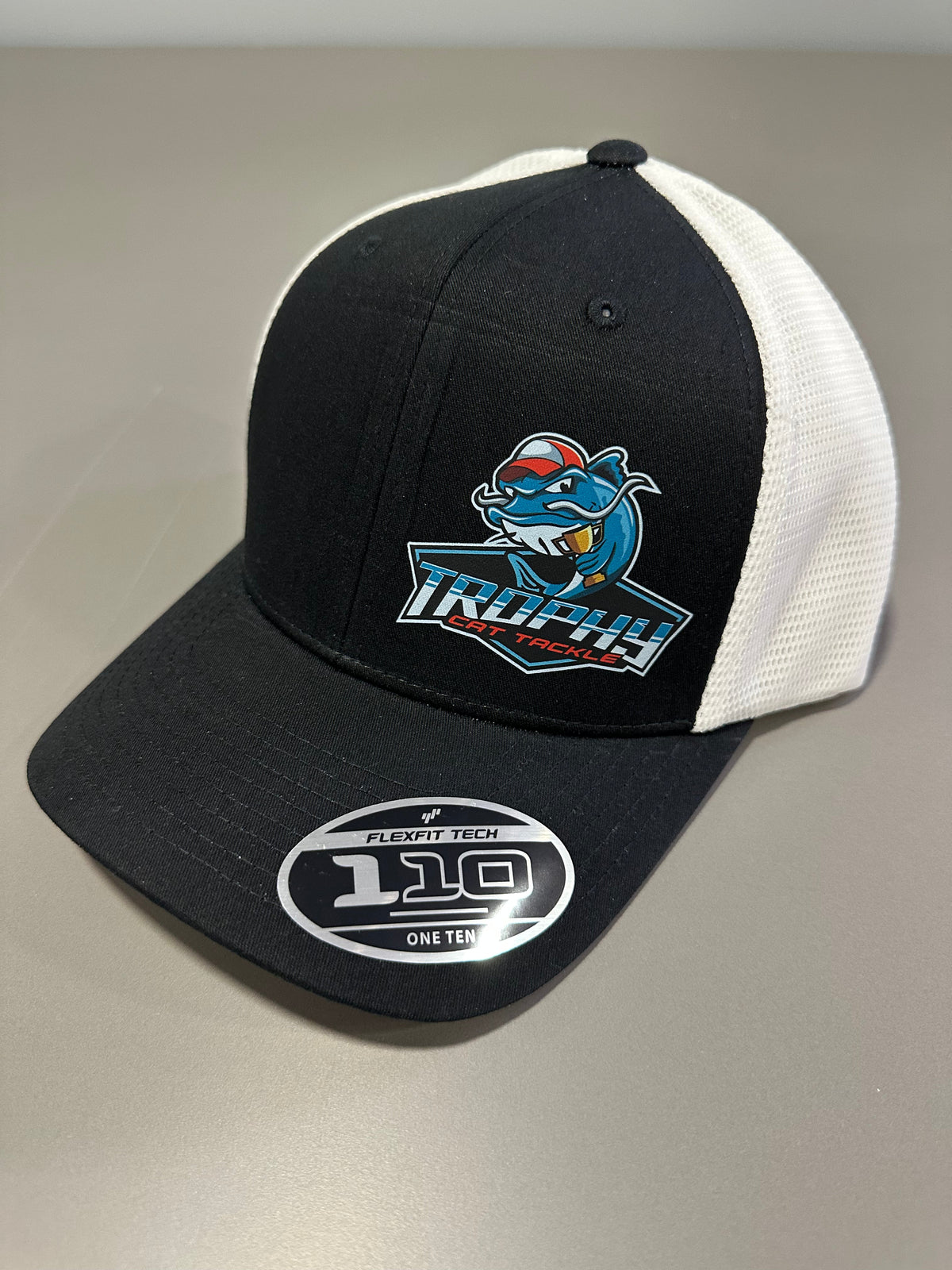 Fishing Hats Trophy Cat FlexFit 110 Black/White Snapback Trucker Hat Catfish Snapback Hat – FlexFit 110 Black/White Trucker Cap