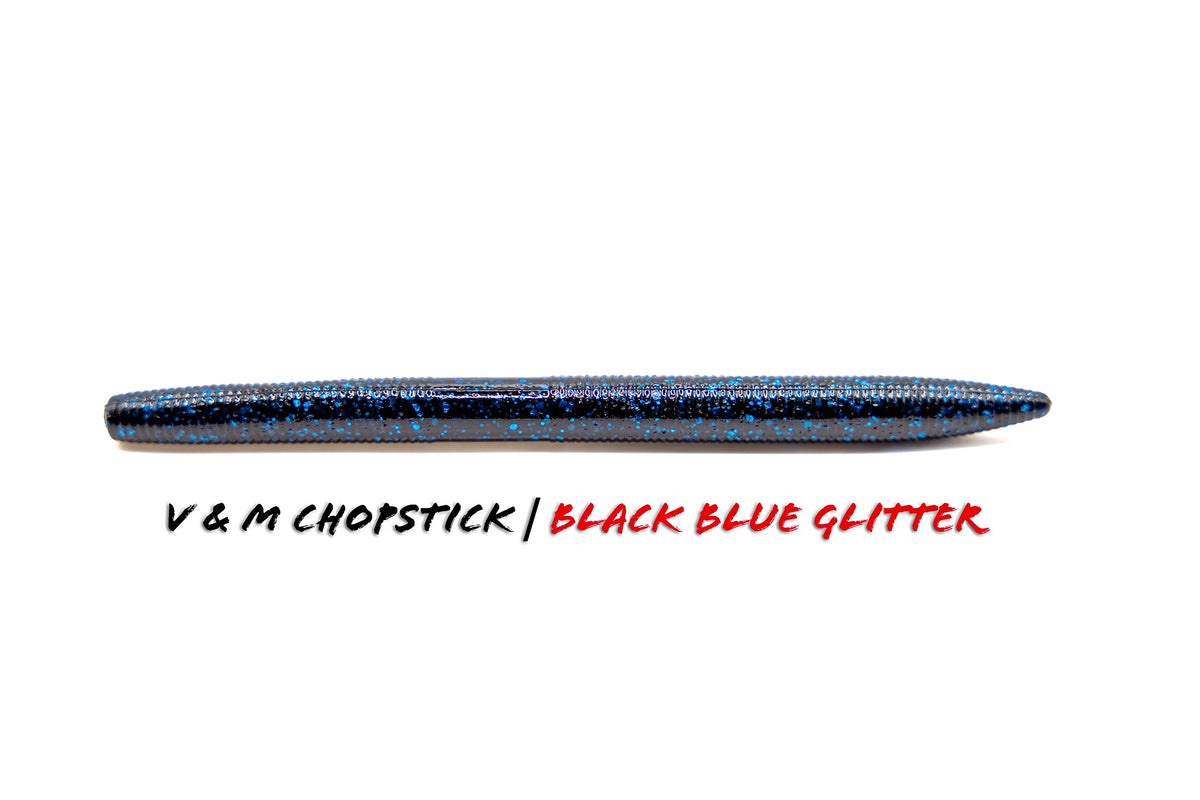 Soft Plastic V & M Baits Chopstick Wacky Worm - Weightless Straight Tail 5" / Black Blue Glitter Weightless Wacky Worm for Pressured Bass in Clear Water
