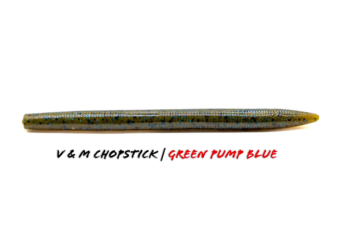 Soft Plastic V & M Baits Chopstick Wacky Worm - Weightless Straight Tail 5" / Green Pumpkin Blue Weightless Wacky Worm for Pressured Bass in Clear Water