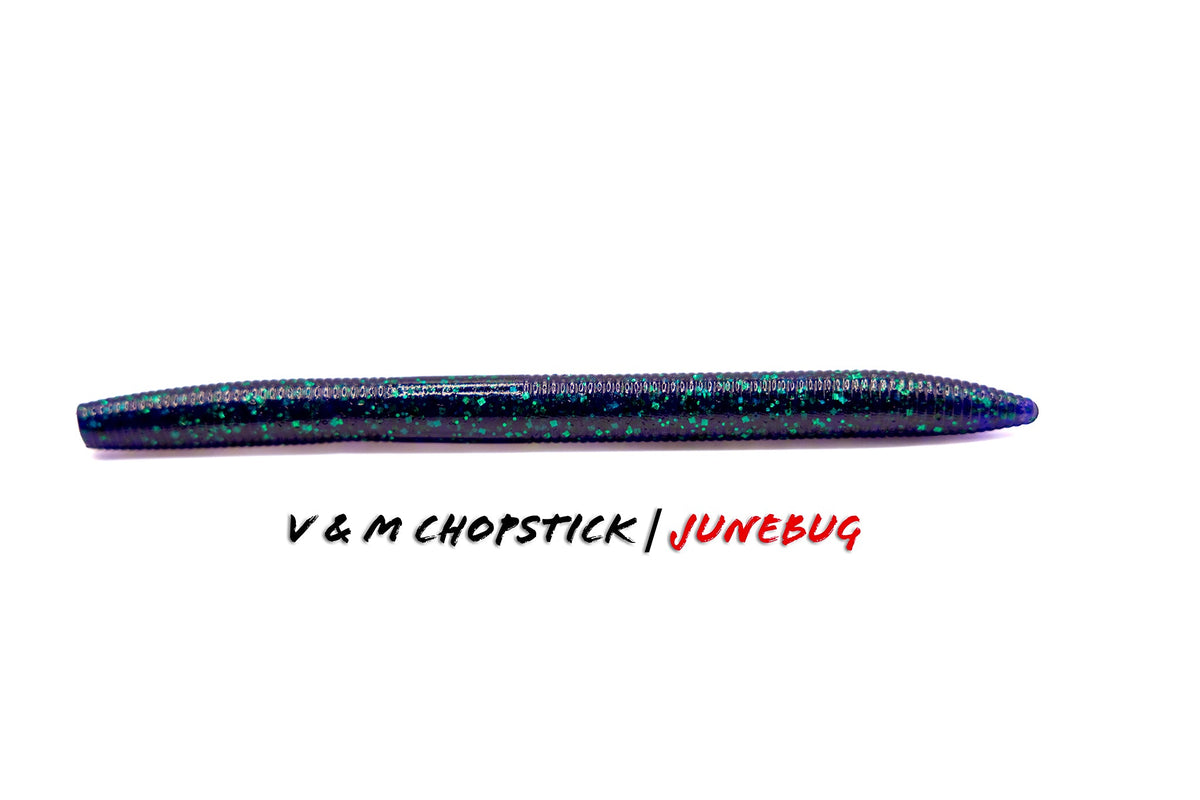 Soft Plastic V & M Baits Chopstick Wacky Worm - Weightless Straight Tail 5" / Junebug Weightless Wacky Worm for Pressured Bass in Clear Water