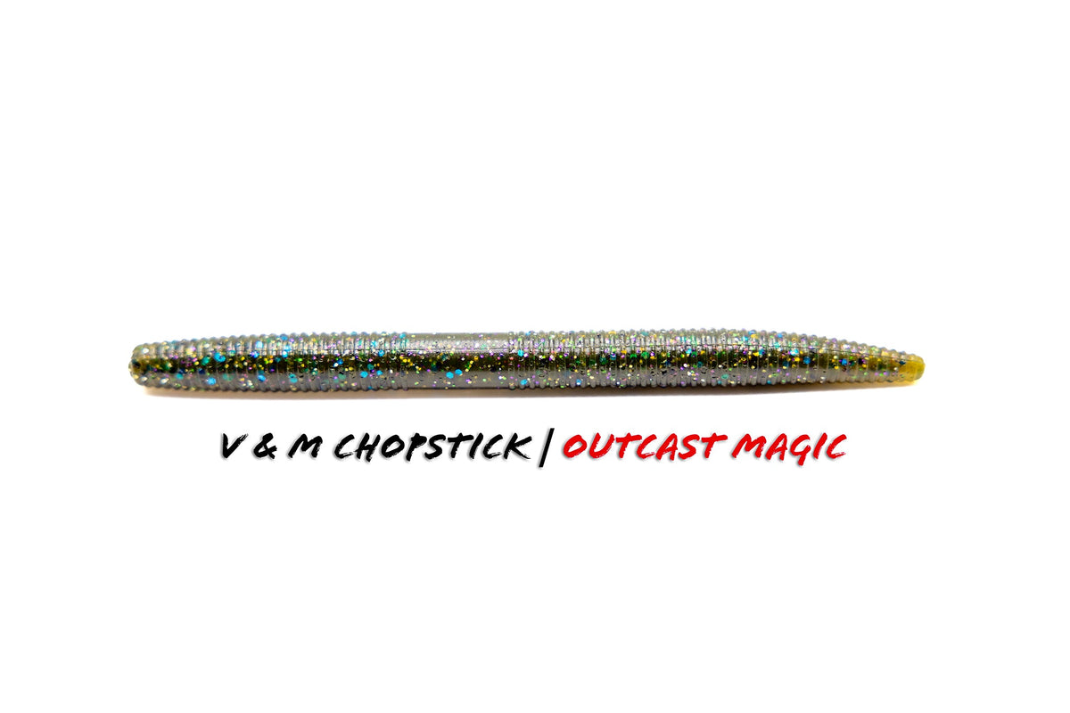 Soft Plastic V & M Baits Chopstick Wacky Worm - Weightless Straight Tail 5" / Outcast Magic Weightless Wacky Worm for Pressured Bass in Clear Water