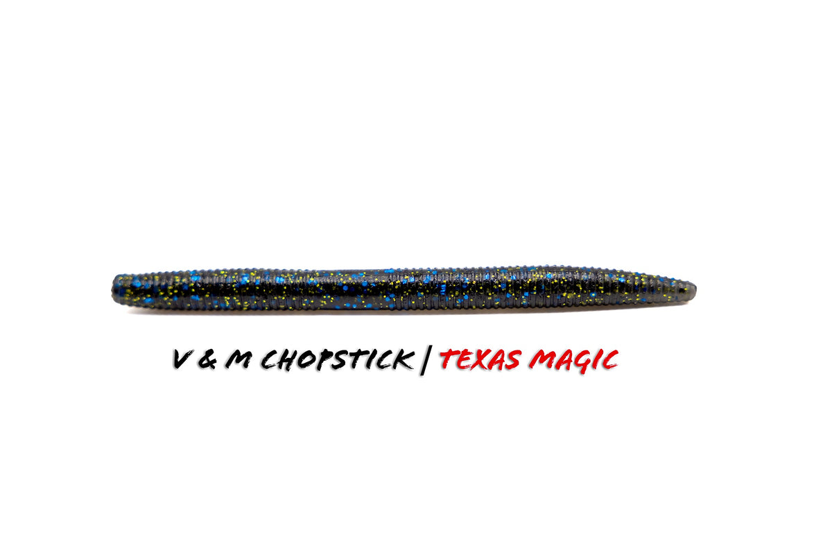 Soft Plastic V & M Baits Chopstick Wacky Worm - Weightless Straight Tail 5" / Texas Magic Weightless Wacky Worm for Pressured Bass in Clear Water